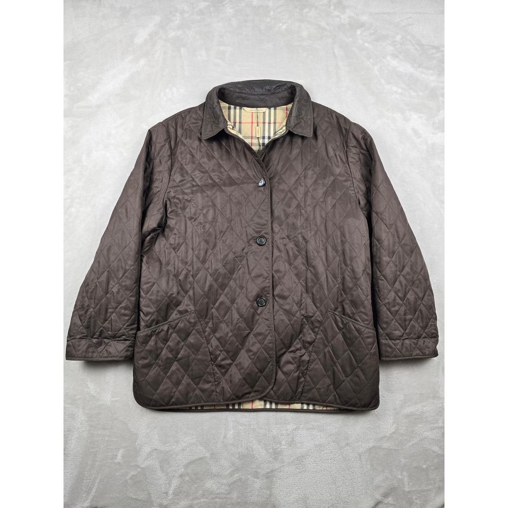 Burberry London Diamond Quilted Jacket Women XL Brown Nova Check Lining